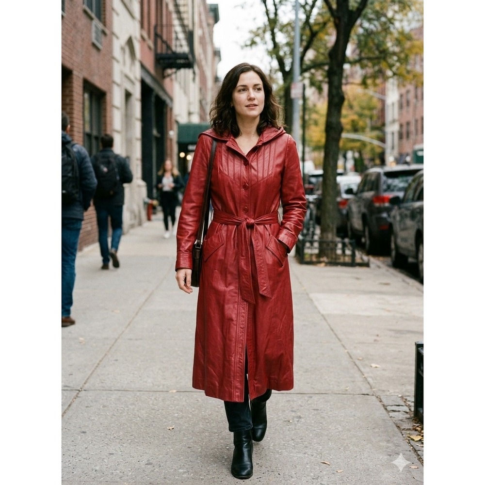 Vintage Junior Gallery Red Leather Hooded Trench Coat Belted Long Jacket XS